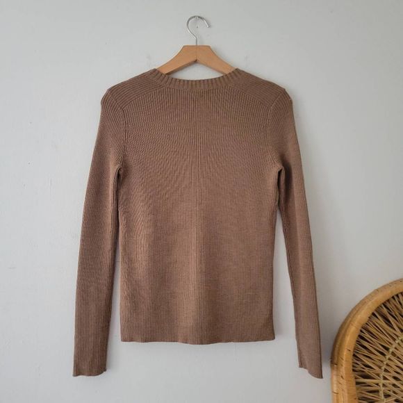 Tory Burch Wool and Suede Leather Sweater V-neck Small Brown - Picture 5 of 6